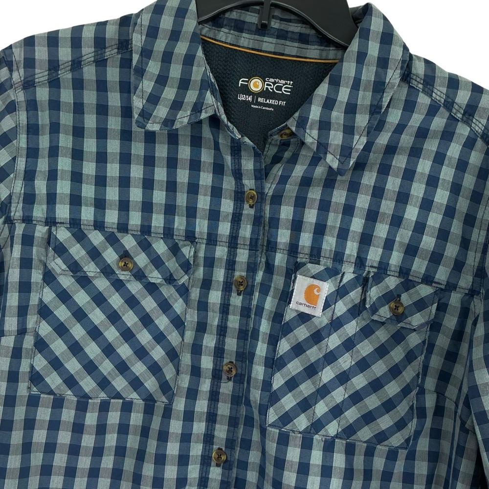 Carhartt Force Plaid Shirt Women's Large 12/14 Blue Relaxed Fit Work Hiking